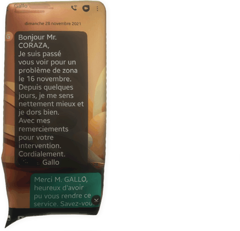 témoignage zona par M. Gallo pour Fabrice Corazza magnétiseur guérisseur coupeur de feu Locunolé Quimperlé Finistère Bretagne