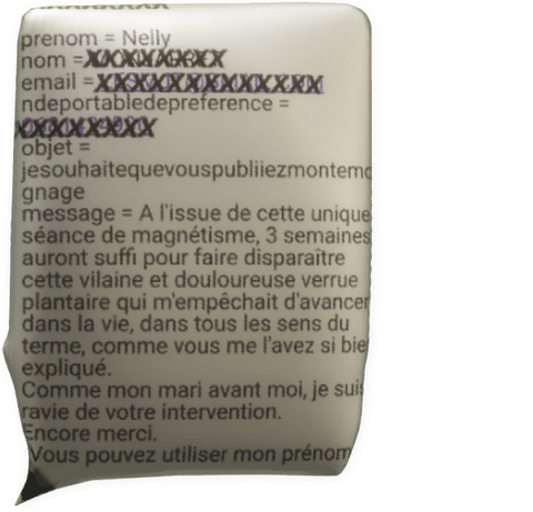 témoignage verrue plantaire par Nelly pour Fabrice Corazza magnétiseur guérisseur coupeur de feu à Locunolé proche Quimperlé Finistère Bretagne
